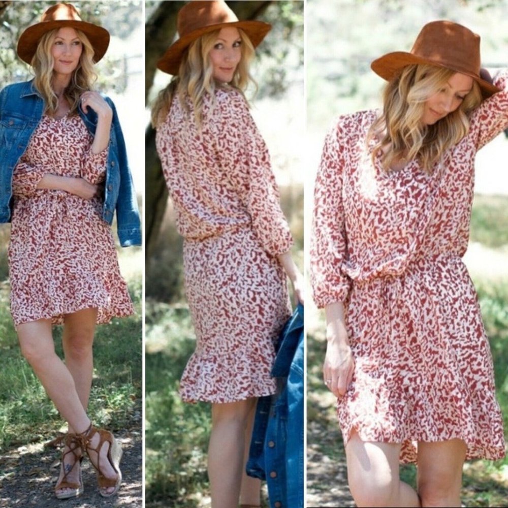 CAbi Hi-Lo Boho Dress with Ruffled Hemline, XS.